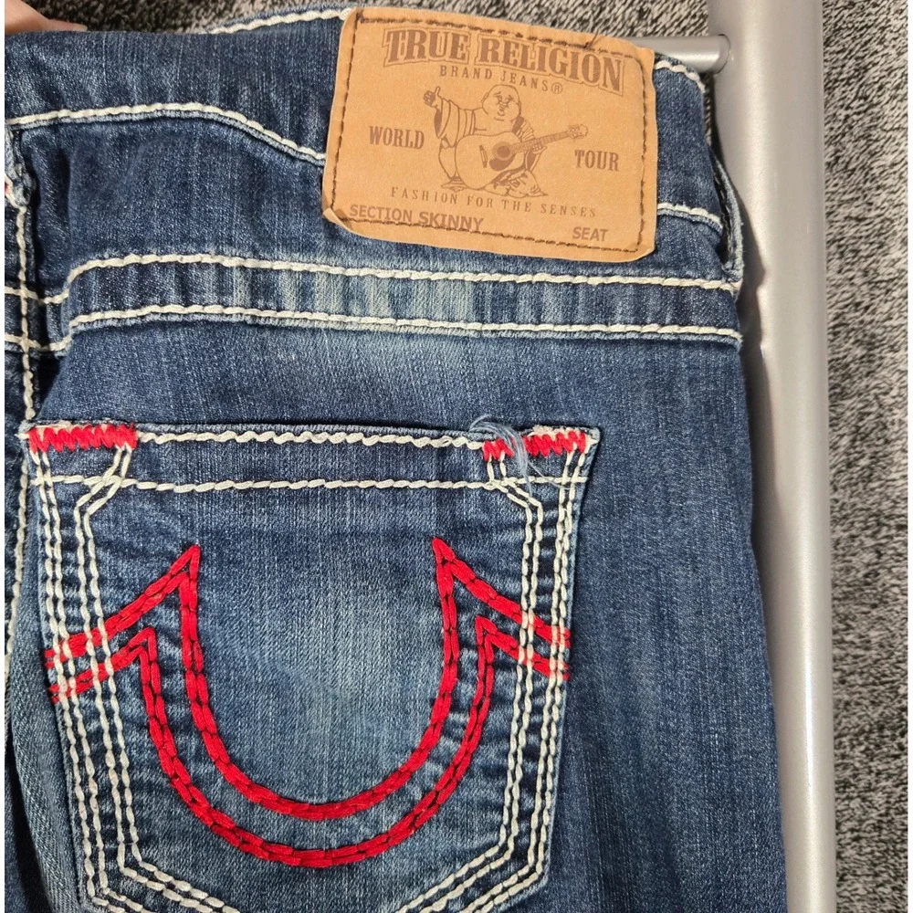 True Religion Rocco Relaxed Skinny Jeans Big T Stitch Blue Red Horseshoe 32x31